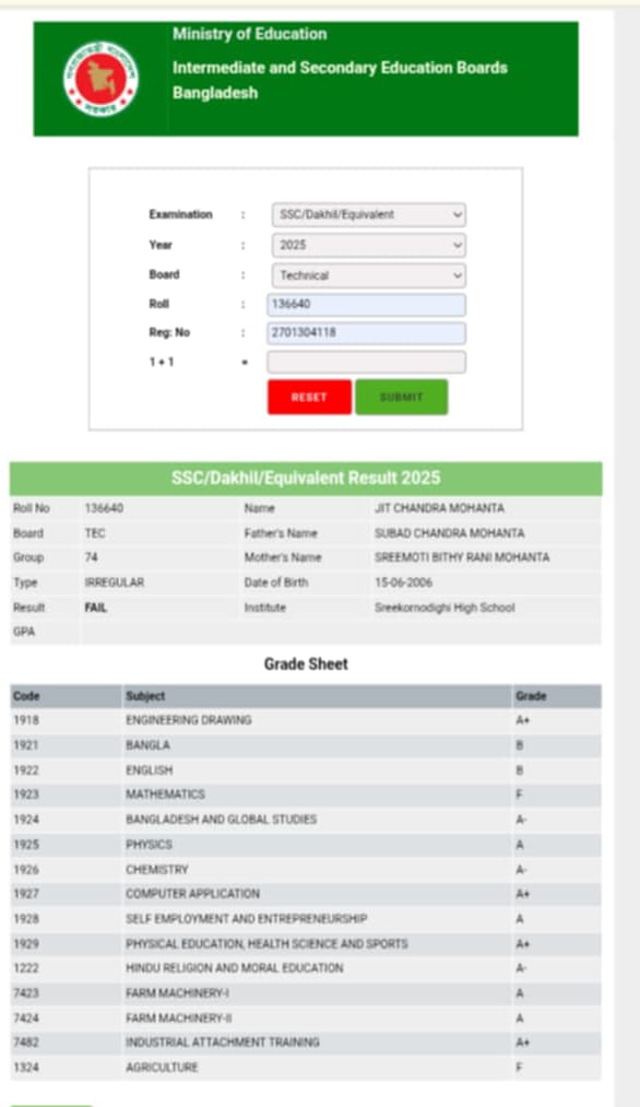 জয়পুরহাটের আক্কেলপুরে এসএসসি এক বিষয়ে পরীক্ষা দিয়ে দুই বিষয়ে ফেলের ঘটনায় হতাশ এলাকাবাসী